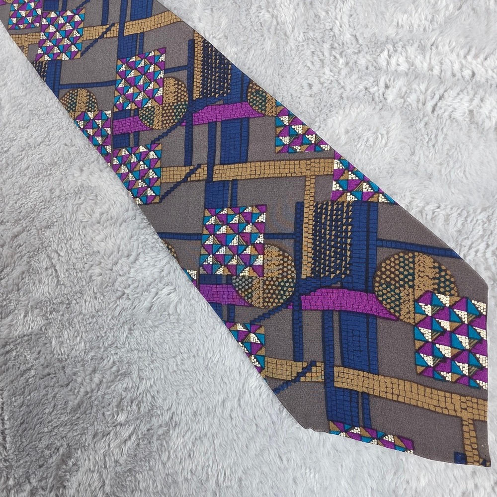 MBP Mens Brown Geometric Silk Tie Abstract Italian Fabric Made in USA Vintage
